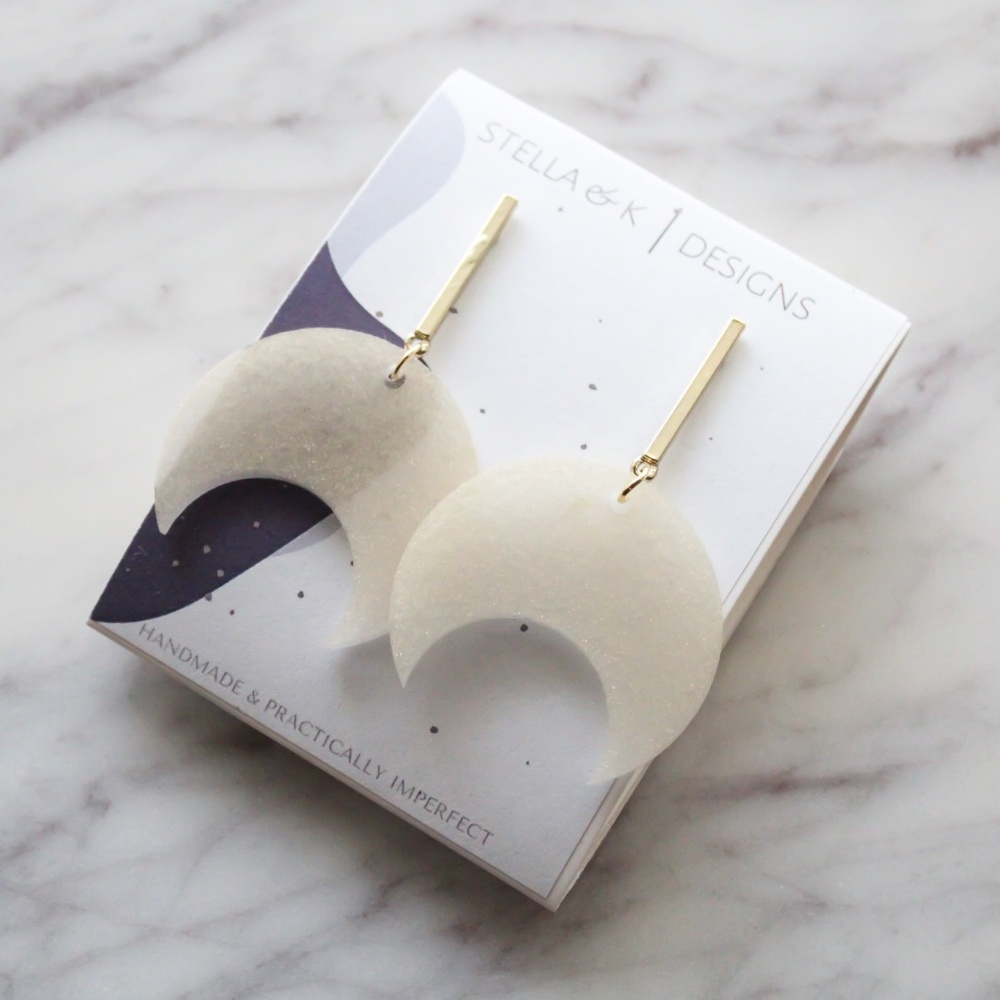 Handmade Earrings - Moon Shape Resin Earrings - Cream Shimmer - NEW
